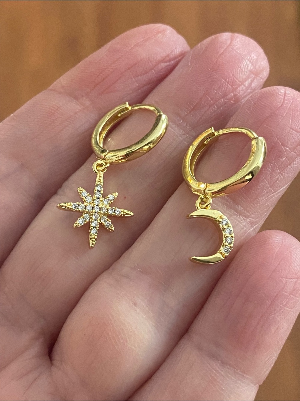 Gold Star & Crescent Moon CZ Drop Huggie Earrings - Women Jewelry